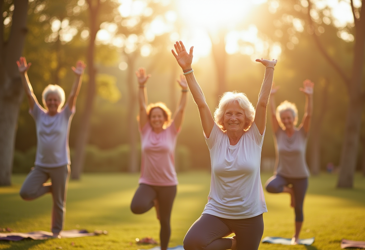 Група людей старшого віку виконує м'які вправи йоги у супроводі досвідченого інструктора